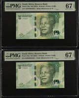 South Africa set 2 10 Rand ND 2023 P 148 Near Matching Superb Gem UNC PMG 67 EPQ
