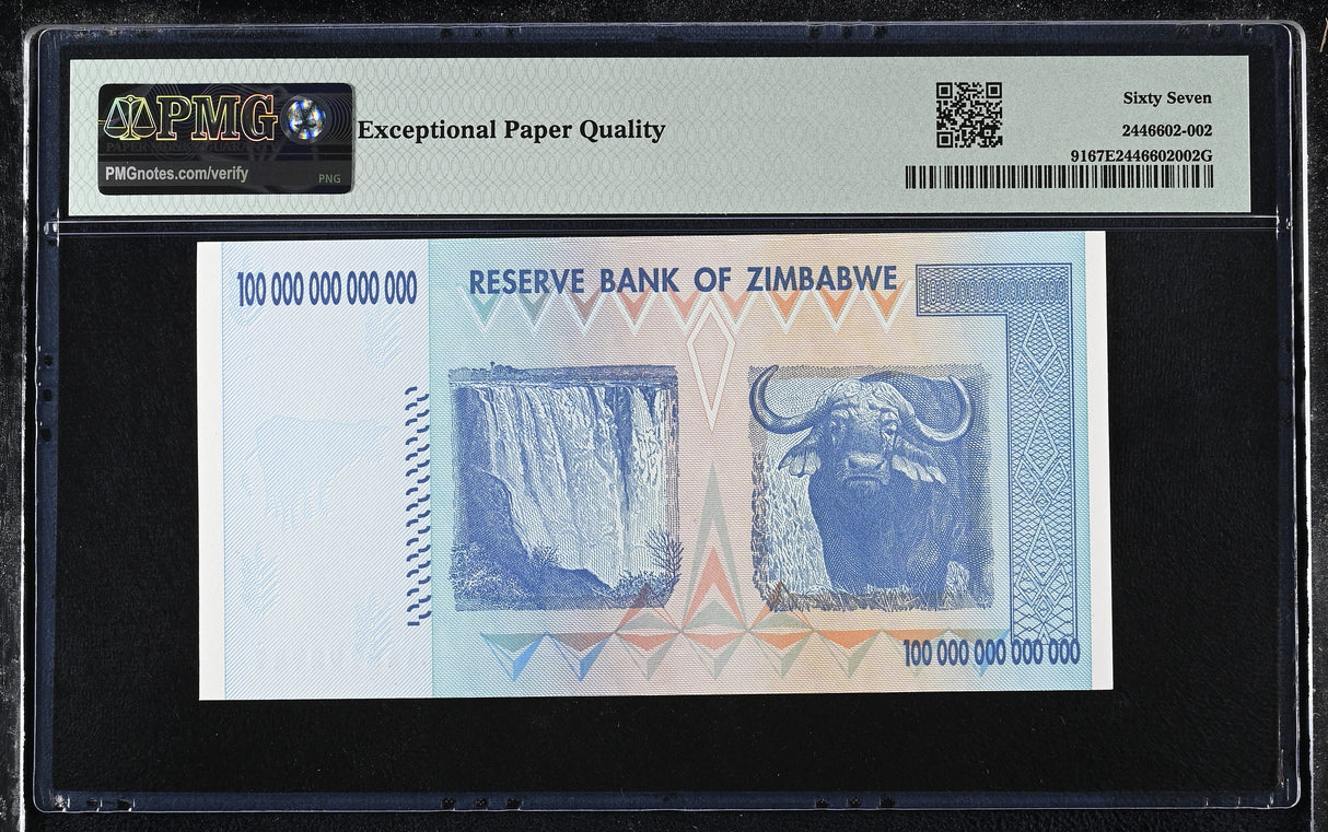 Zimbabwe 100 Trillion Dollars 2008 P 91 Superb Gem UNC PMG 67 EPQ Misaligned ERR
