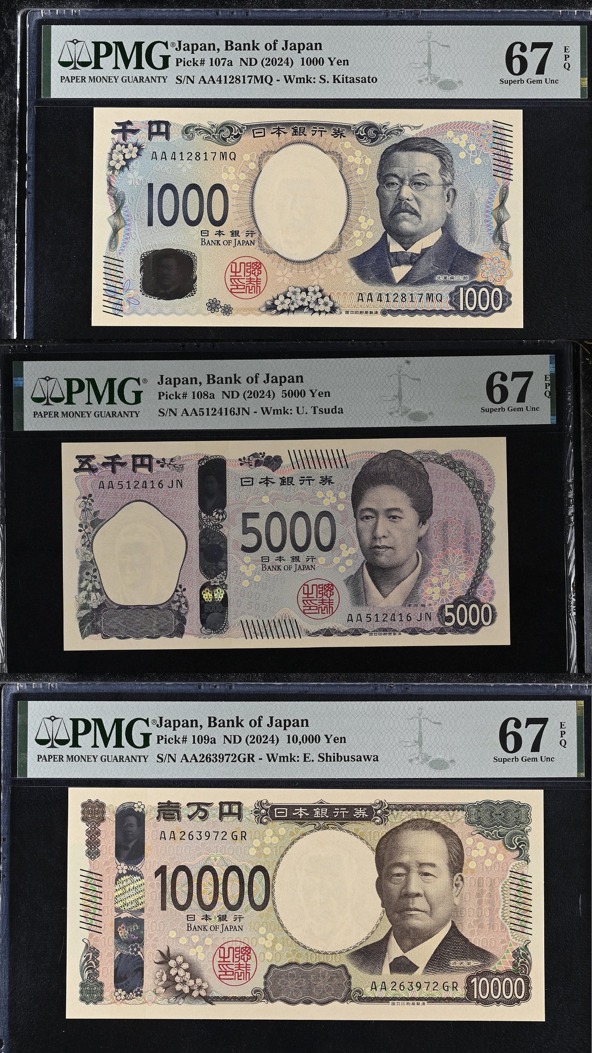 Japan Set 3; 1000 5000 10000 Yen 2024 P 107-P 109 Superb Gem UNC PMG 67 EPQ