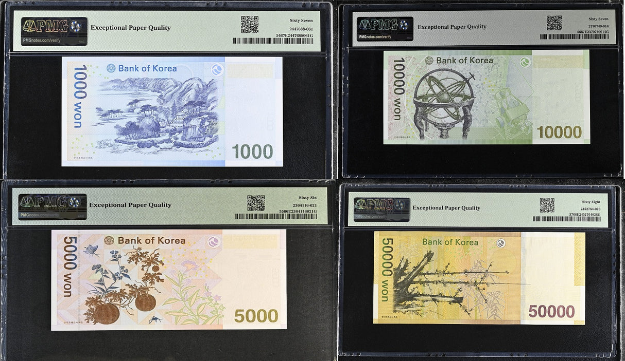 South Korea Set 4; 100-50000 Won ND 2009 P 54-57 Superb Gem UNC PMG 66 67 68 EPQ