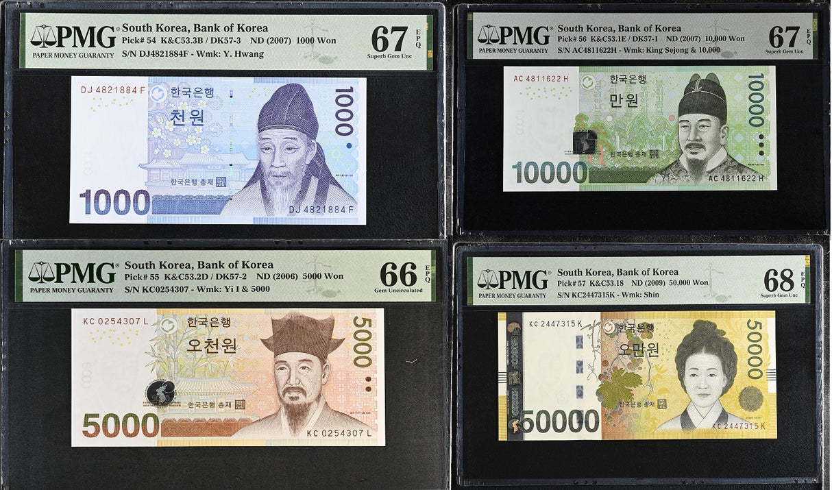 South Korea Set 4; 100-50000 Won ND 2009 P 54-57 Superb Gem UNC PMG 66 67 68 EPQ