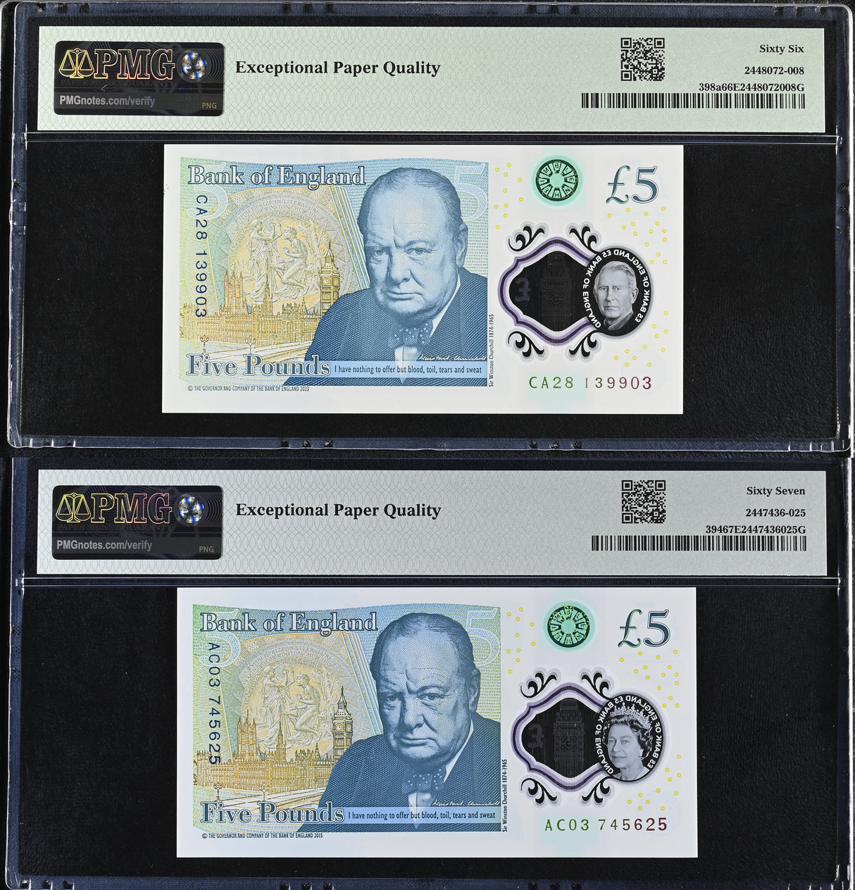 Great Britain Set 2; 5 Pounds 2015-2024 P 394 P 398 Superb Gem UNC PMG 66 67 EPQ