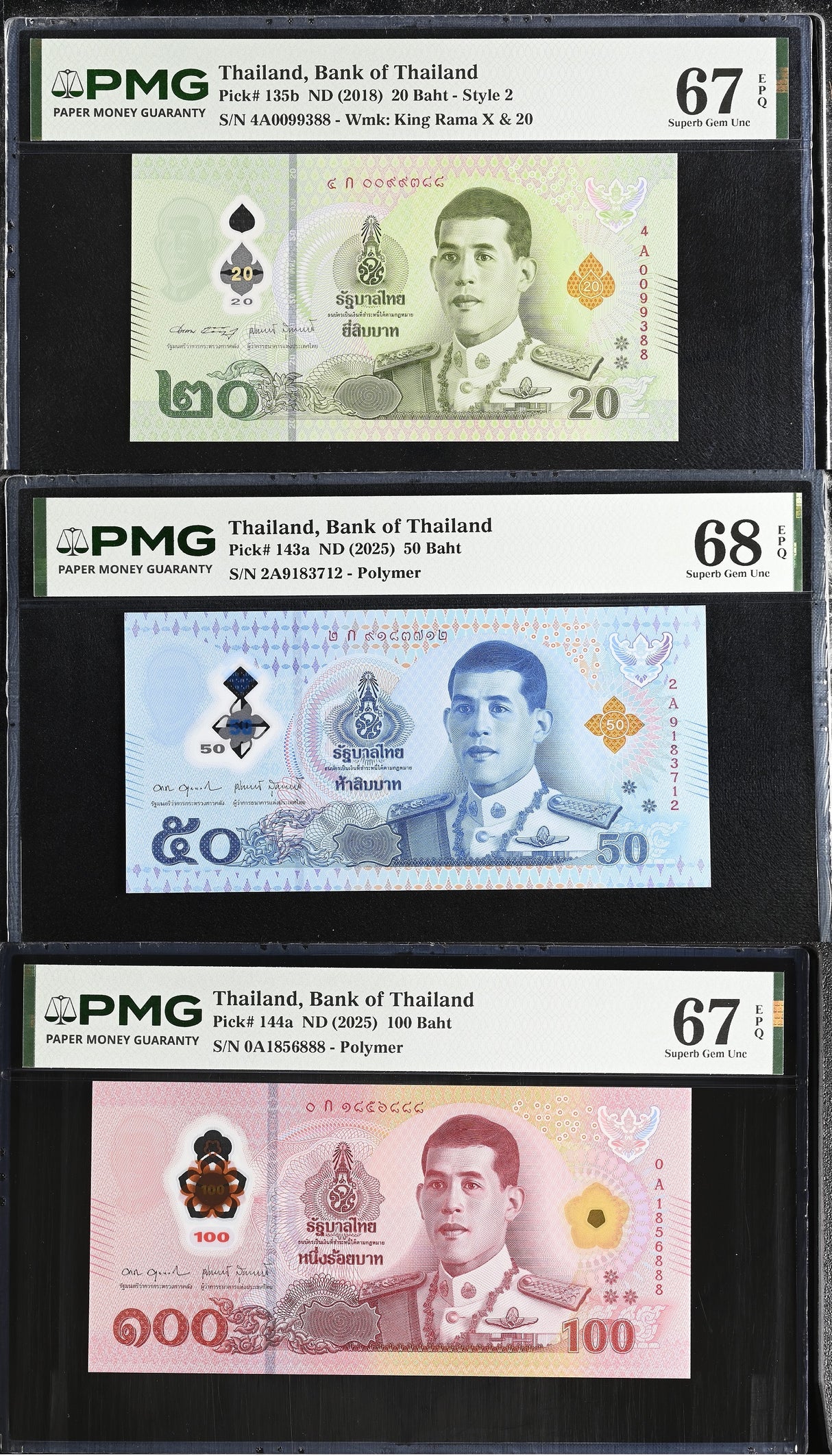 Thailand Set 3; 20 50 100 Baht ND 2025 Polymer Superb Gem UNC PMG 67 68 EPQ