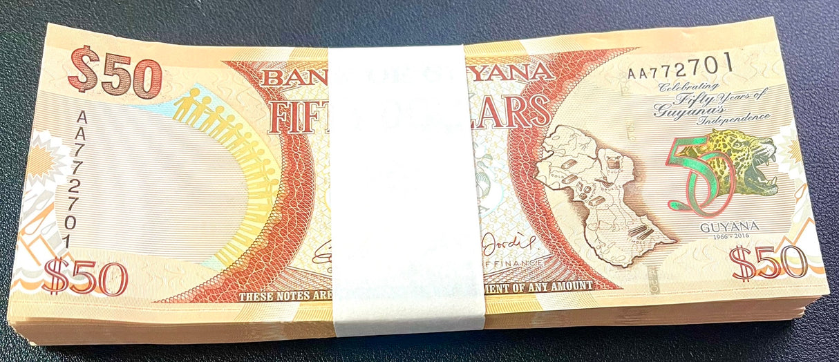 Guyana 50 Dollars ND 2016 P 41 Comm. UNC LOT 100 Pcs 1 Bundle