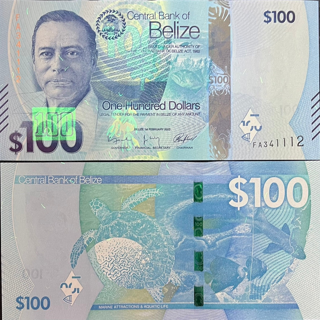 Belize 100 Dollars 2025 P 78 NEW Design Aquatic Shark Hawksbill UNC