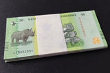 Zimbabwe 50 Zig 2026 P 117 New Design RHINO UNC LOT 100 PCS 1 Bundle