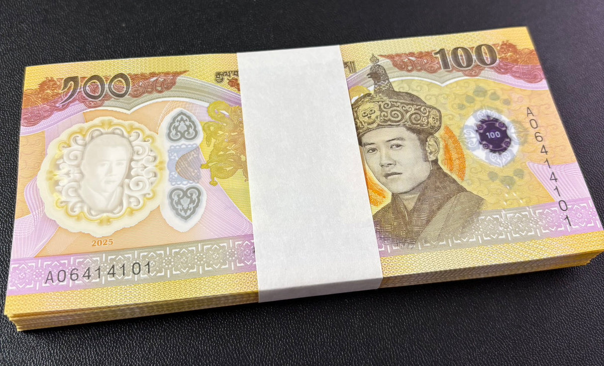 Bhutan 100 Ngultrum 2025/2026 70th Comm. P 43 Polymer UNC LOT 100 Pcs 1 BUNDLE
