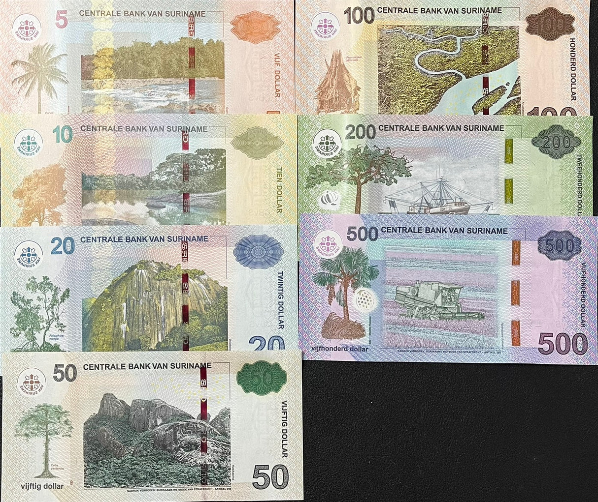 Suriname Set 7 UNC 5 10 -200 500 Dollars 2012-2024 P 162 163 164 165 166 166A B