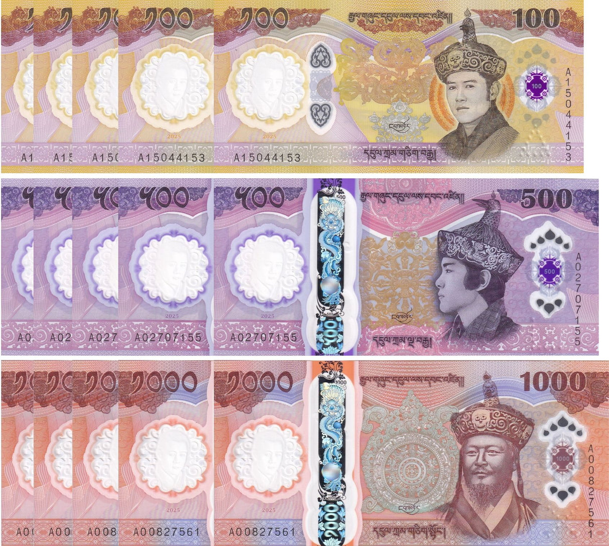 Bhutan SET 3 x 5 LOTs =15 UNC 100 500 1000 Ngultrum 2025 Commemorative Polymer