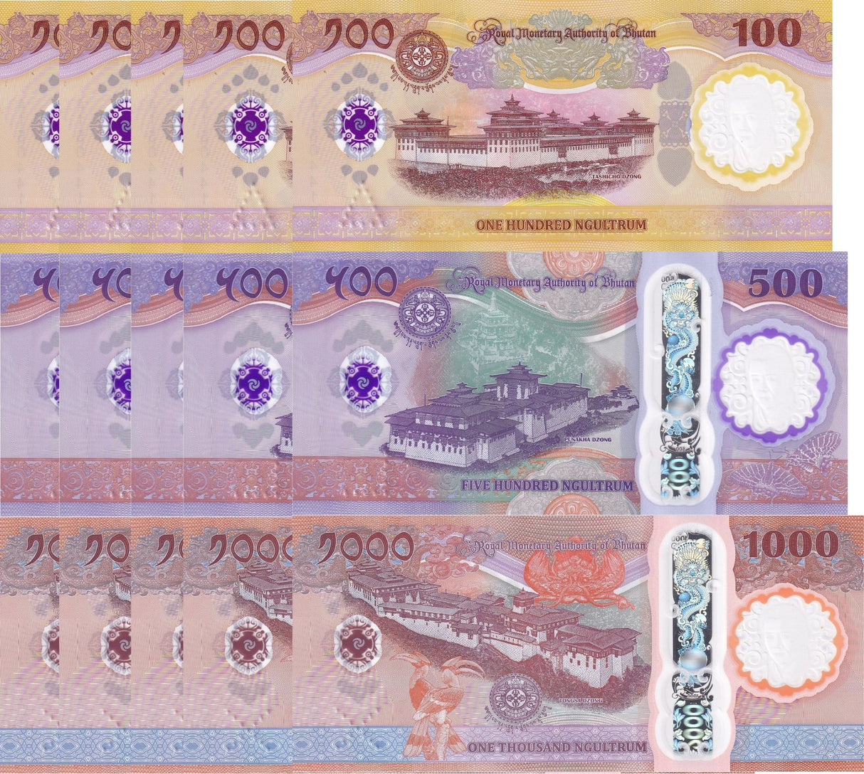 Bhutan SET 3 x 5 LOTs =15 UNC 100 500 1000 Ngultrum 2025 Commemorative Polymer