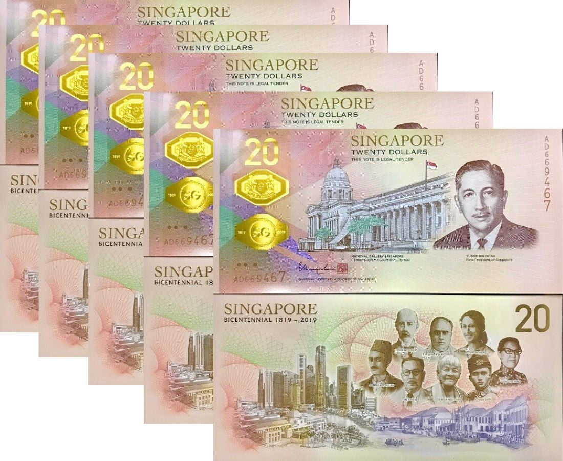 Singapore 20 Dollars ND 2019 P 63 Commemorative Polymer UNC LOT 5 PCS