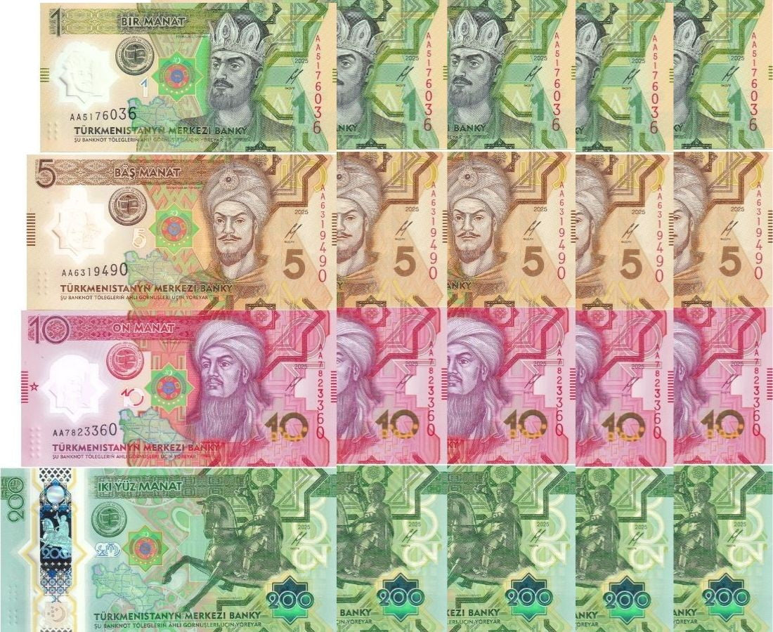 Turkmenistan Set 4 X LOT 5=20 UNC 1 5 10 200 Manat 2025 / 2026 POLYMER P 49-54