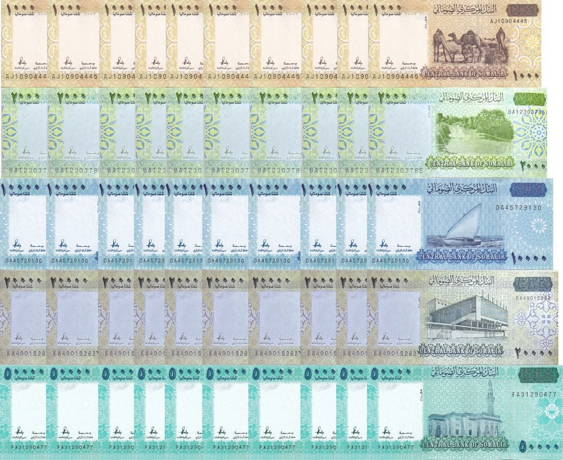 Somalia Set 5 x Lot 10 Pcs = 50 UNC 1000 2000 10000-50000 S ND 2010 P 38-43