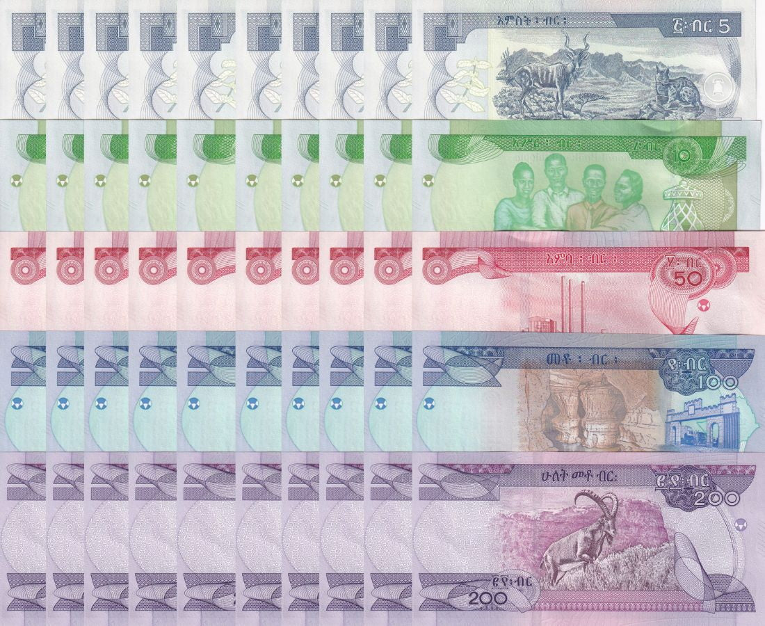 Ethiopia Set 5 x Lot 10=50 UNC 5 10 50 100 200 Birr 2012-2023 P 47 53 54 55 56
