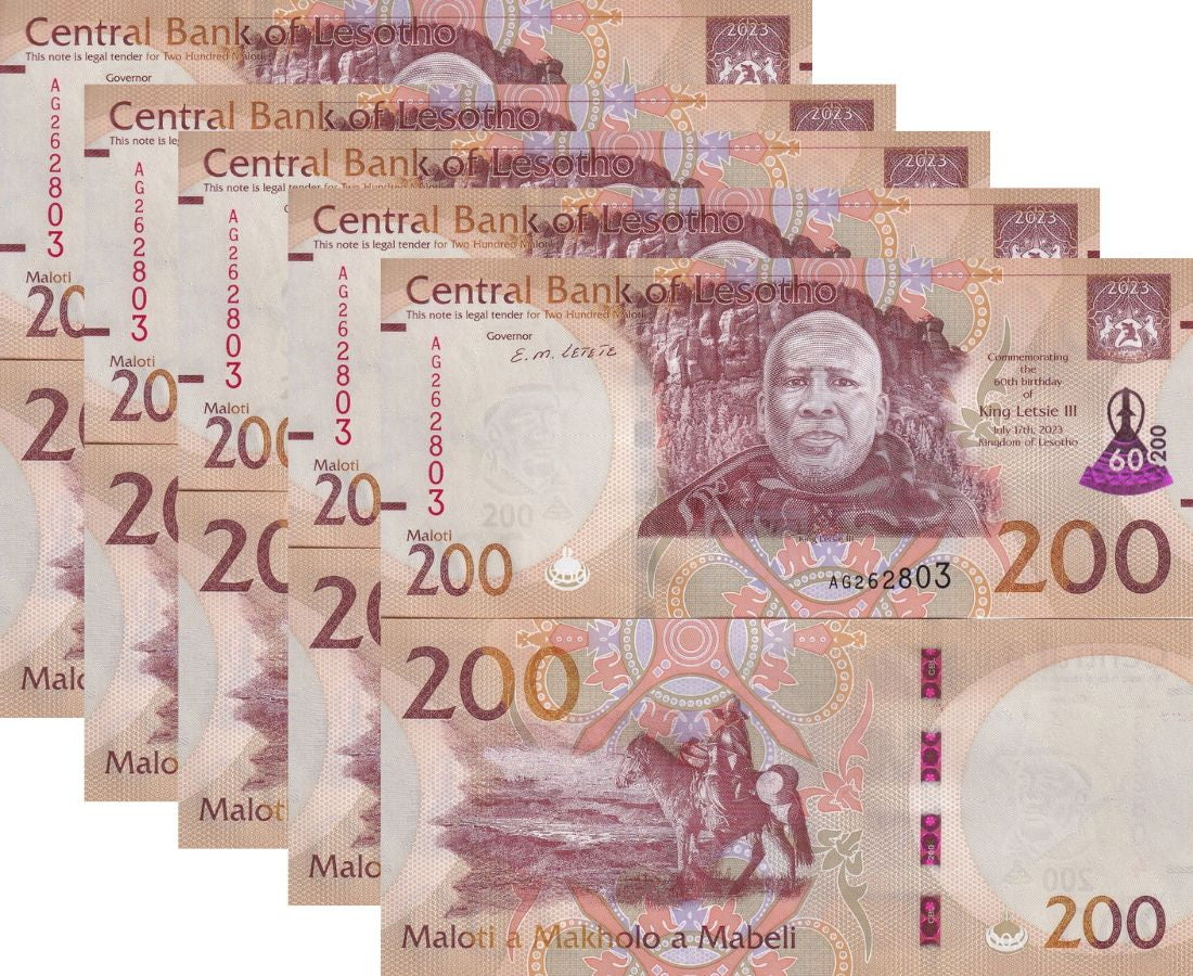 Lesotho 200 Maloti 2023 P 31 Comm. UNC 60th Birthday King Letsie III LOT 5 PCS