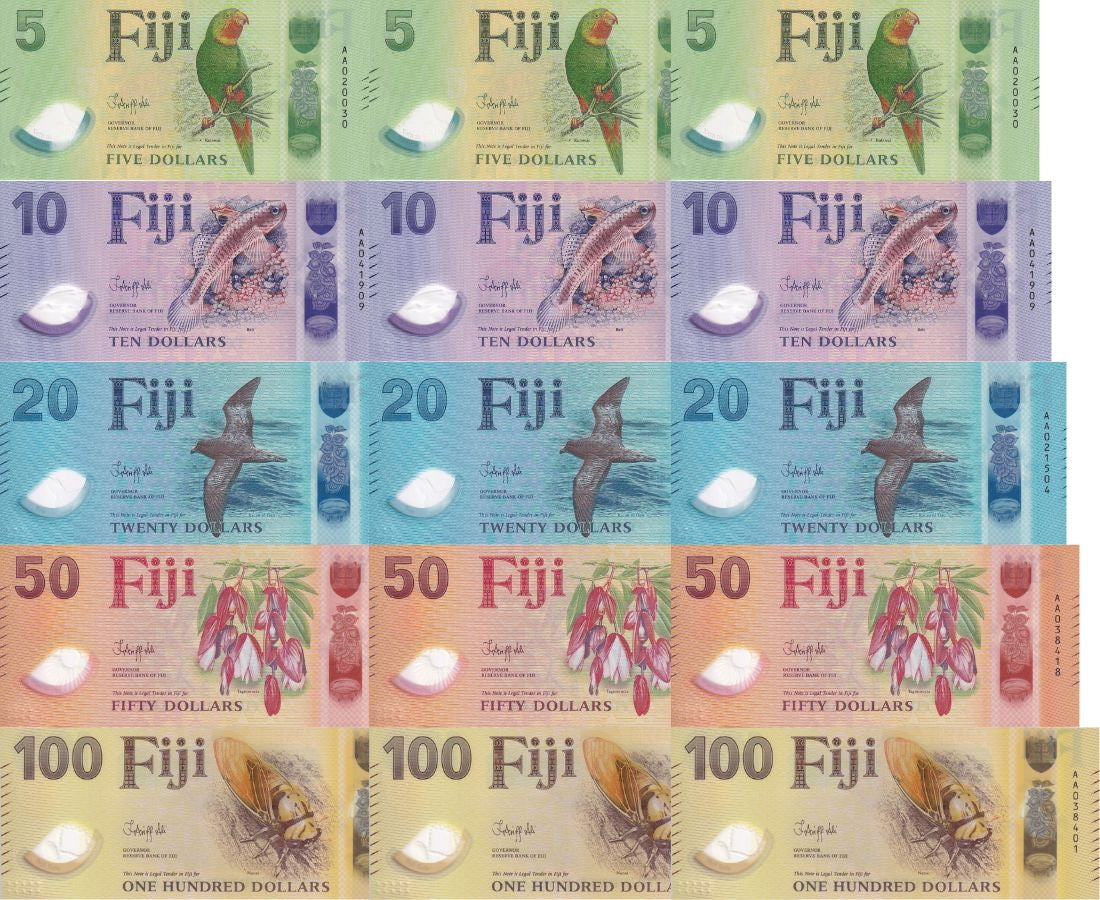 Fiji SET 5 X LOT 3 = 15 UNC 5 10 20 50 100 Dollars 2026 2025 P NEW Polymer Design