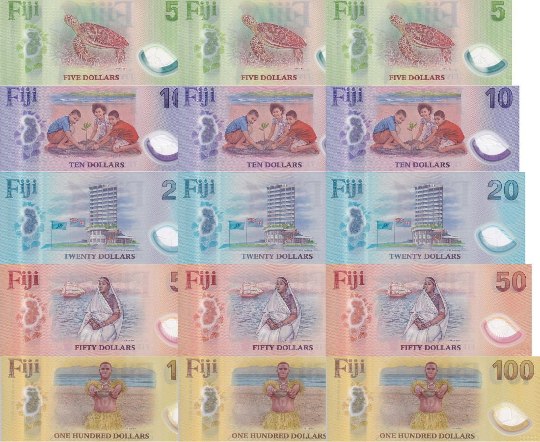 Fiji SET 5 X LOT 3 = 15 UNC 5 10 20 50 100 Dollars 2026 2025 P NEW Polymer Design