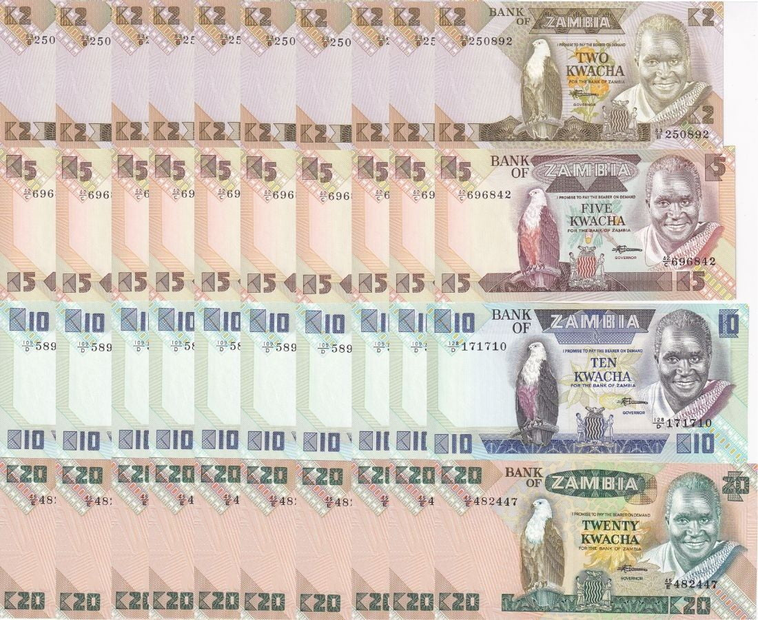 Zambia Set 4 X Lot 10 = 40 UNC 2 5 10 20 Kwacha 1980 - 1991 P 24 25 26 27