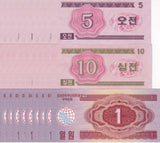 Korea set 3 X 10 SETS = 30 AU-UNC 5 10 Chon 1 WON 1988 P 33 34 35 Socialist Visitors