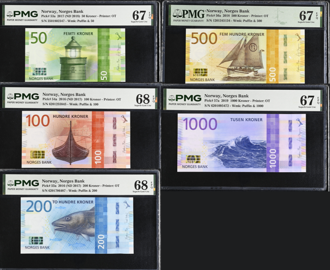 Norway Set 5; 50 100 200 500 1000 K. 2016-19 P 53-P 57 Superb UNC PMG 67 68 EPQ