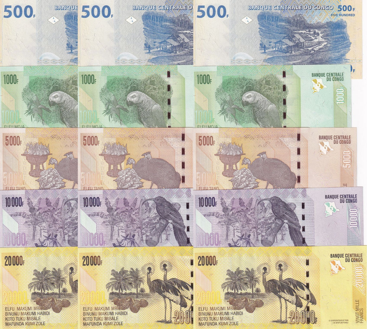 Congo SET 5 x LOT 3 =15 UNC 500 1000 5000 10000 20000 Francs 2022 P 96d 101 102 103 104 UNC