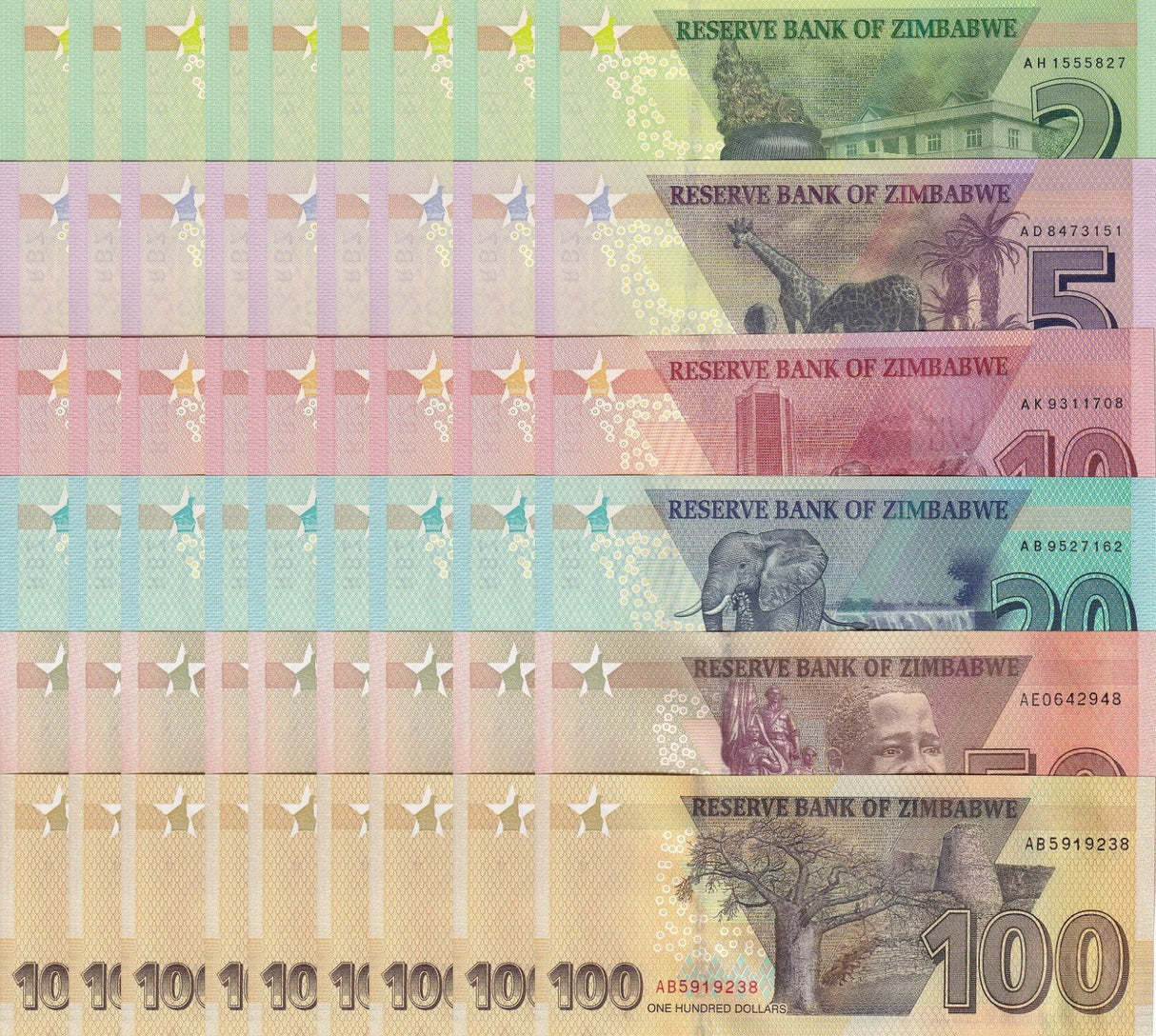 Zimbabwe Set 6 x LOT 10 = 60 UNC 2 5 10 20 50 100 2019 2023 P 101 102 - 105 106