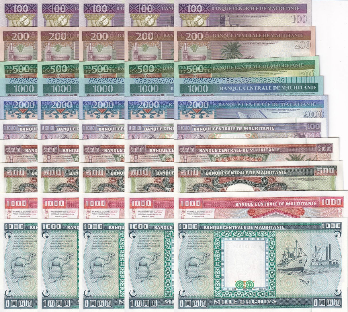 Mauritania SET 10 X LOT 5 = 50 UNC 100 200 500 1000 2000 1981-2015 P 3D 4 5-P 20