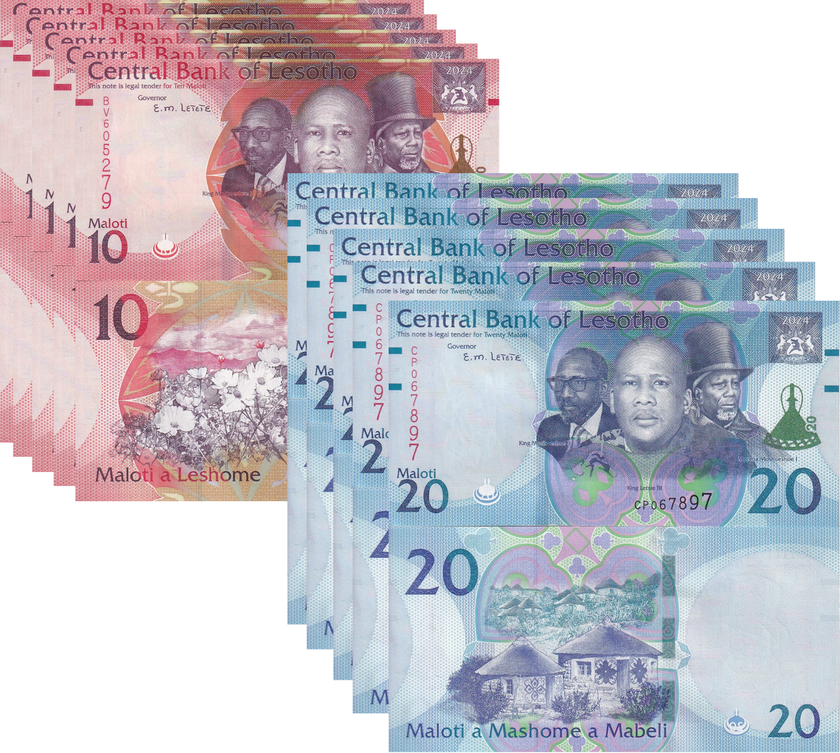 Lesotho SET 2 x LOT 5 = 10 UNC 10 20 Maloti 2024 2025 P New Hybrid UNC