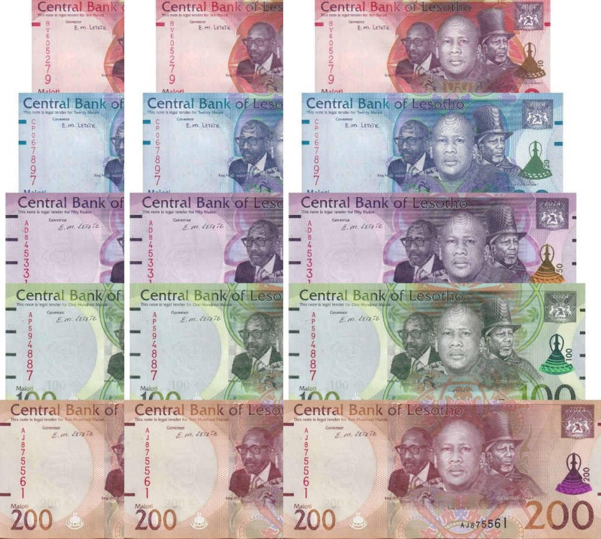 Lesotho SET 5 x LOT 3 = 15 UNC 10 20 50 100 200 Maloti 2024 2025 P New Hybrid