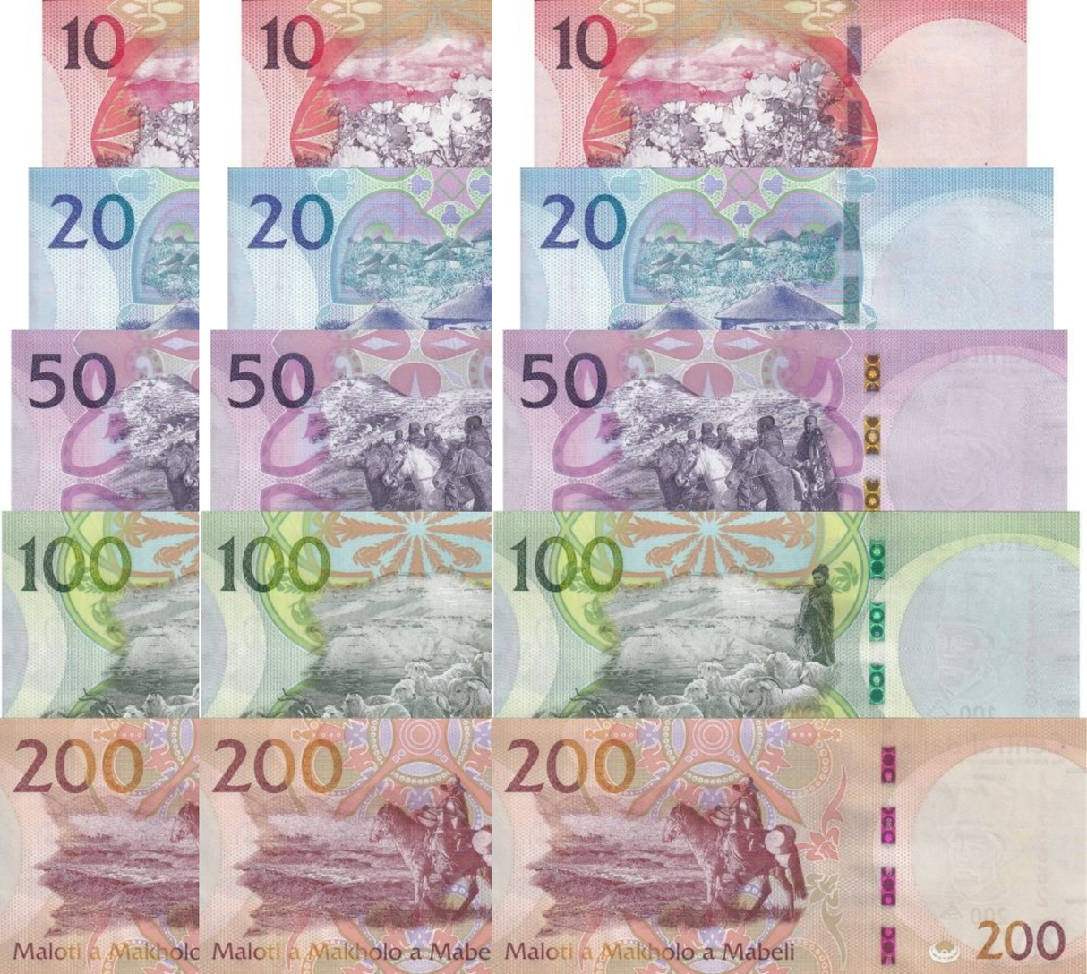 Lesotho SET 5 x LOT 3 = 15 UNC 10 20 50 100 200 Maloti 2024 2025 P New Hybrid