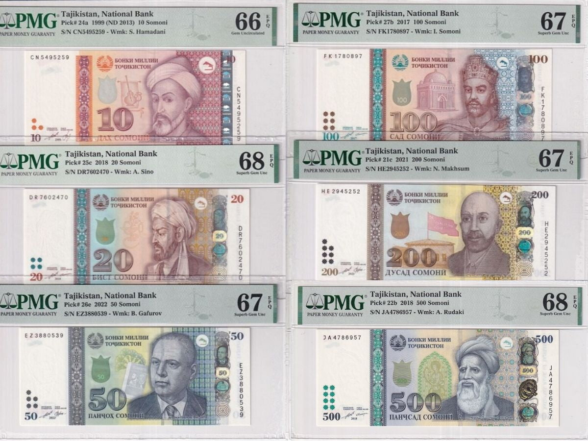 Tajikistan Set 6; 10 20-500 Som 2022 P21 22 24-27 Superb UNC PMG 66 67 68 EPQ