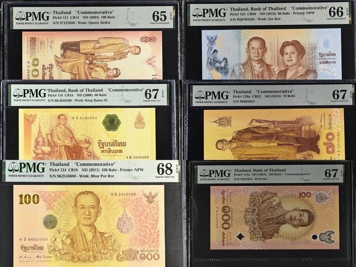 Thailand Set 6; 60 70 80 100 Baht P 111 116 124 125-143 GEM UNC PMG 65 66 67 68 EPQ