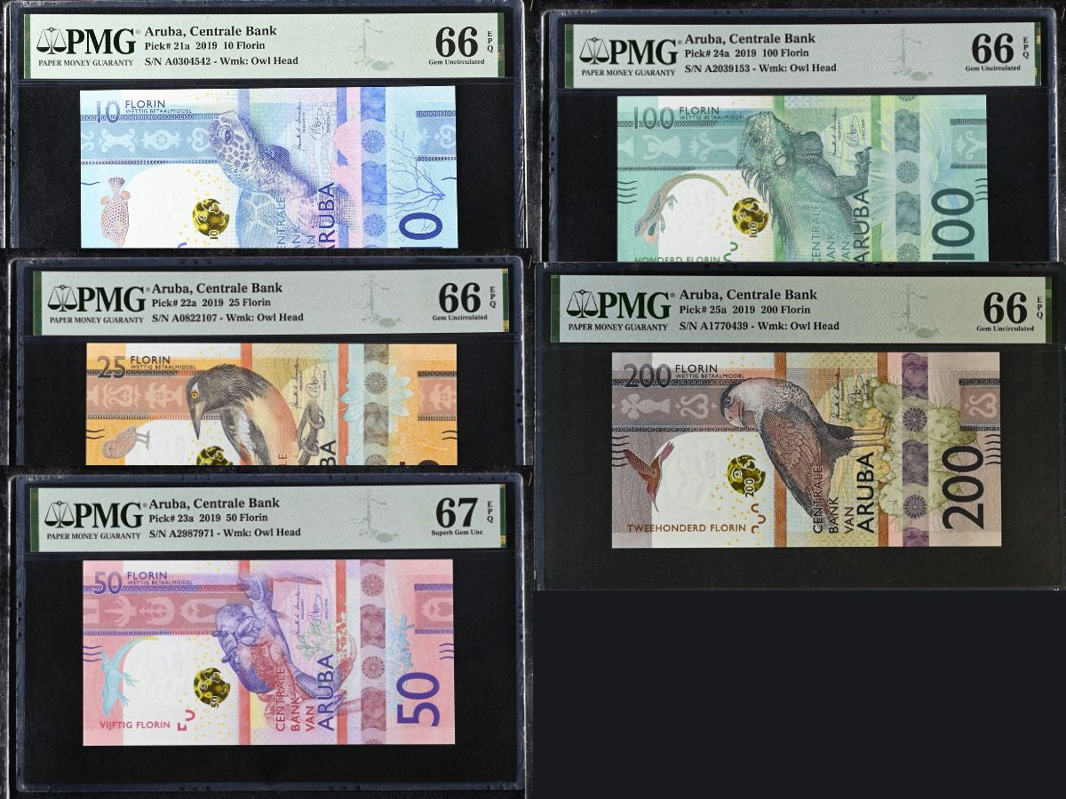 Aruba Set 5; 10 25-100 200 Florins 2019 P 21-25 Superb Gem UNC PMG 66 67 EPQ