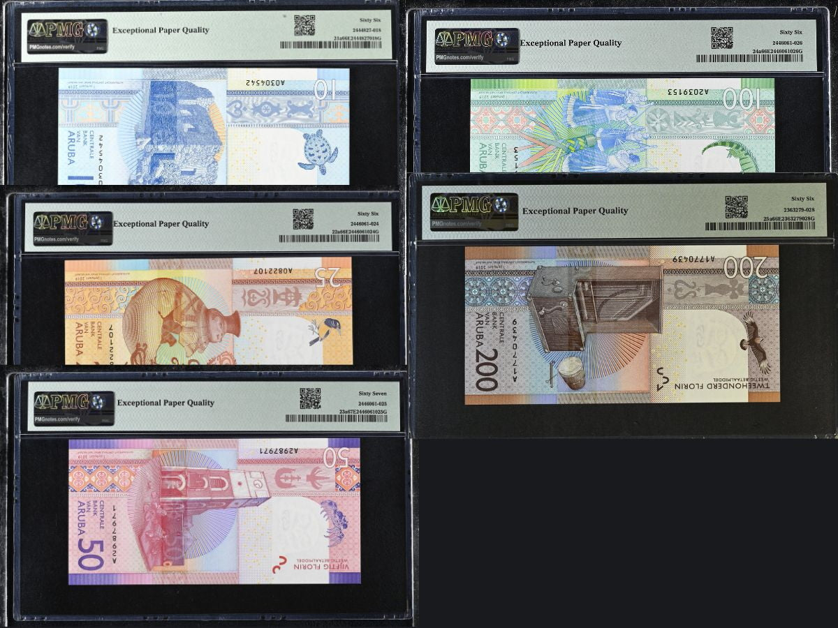 Aruba Set 5; 10 25-100 200 Florins 2019 P 21-25 Superb Gem UNC PMG 66 67 EPQ