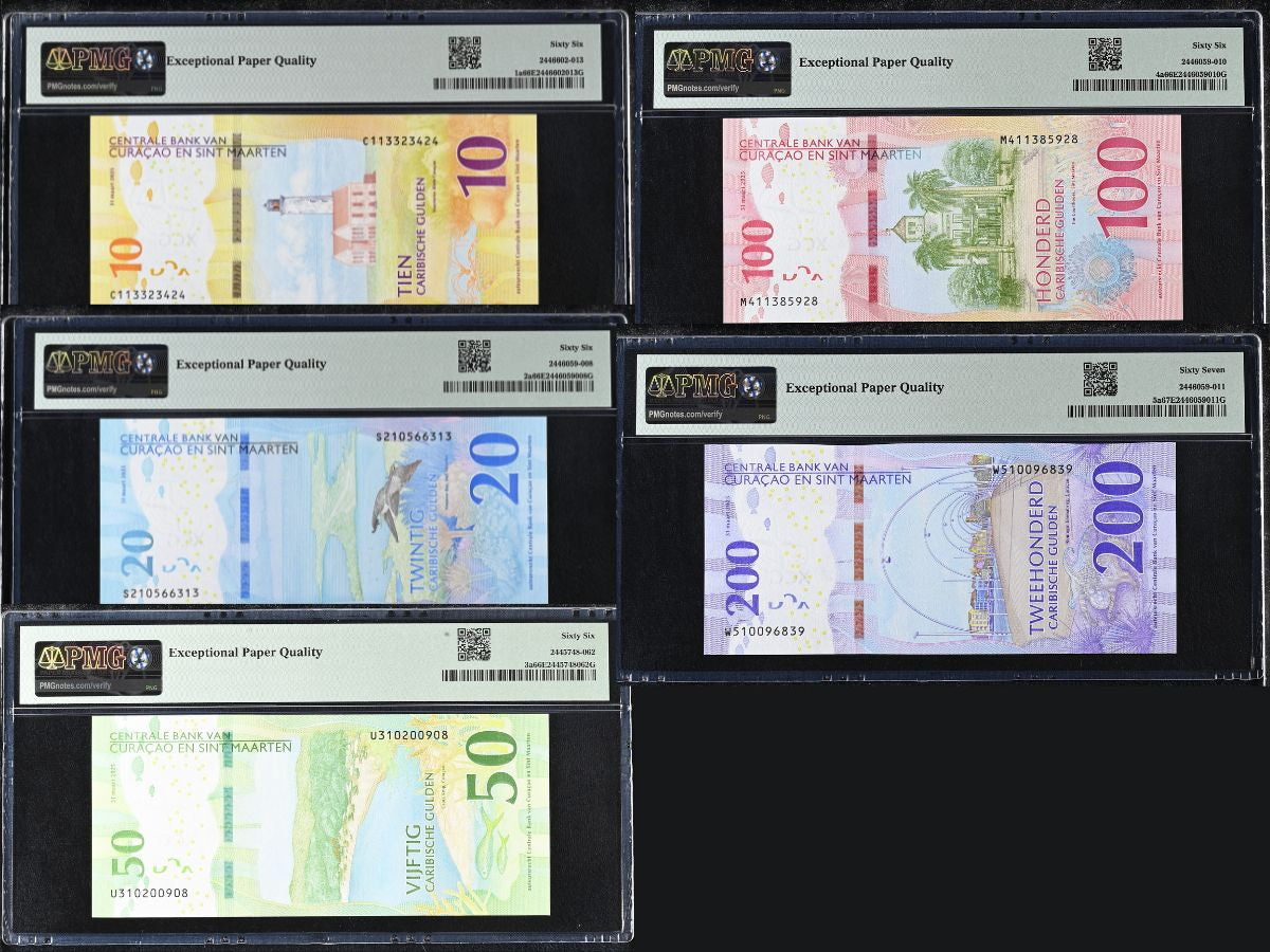 Curacao Set 5; 10 20 50 100 200 Gulden 2025 P 1 2-5 Superb Gem UNC PMG 66 67 EPQ