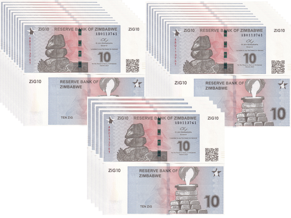 Zimbabwe 10 ZiG 2024 P NEW GOLD Back Reserve with QR Code Lot 25 UNC 1/4 BUNDLE