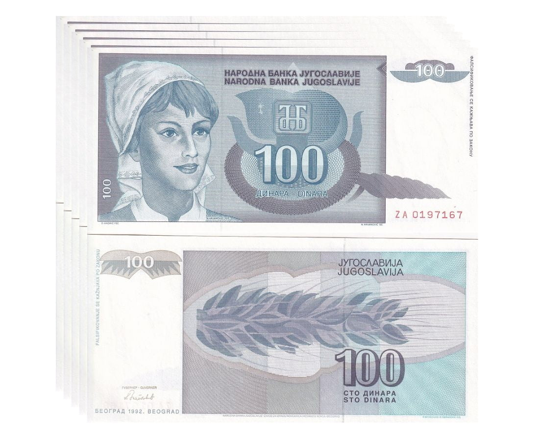 YUGOSLAVIA 100 DINARA 1992 P 112 ZA REPLACEMENT UNC LOT 5 PCS