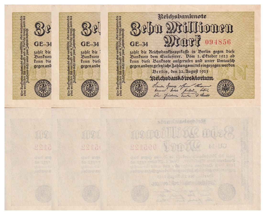 Germany 10 Millionen Mark 1923 P 106 a AUnc LOT 3 PCS