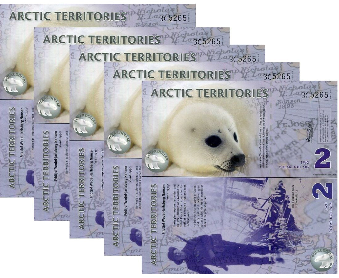 Arctic Territories 2 Dollar 2010 Polymer Polar Seal LOT 5 PCS