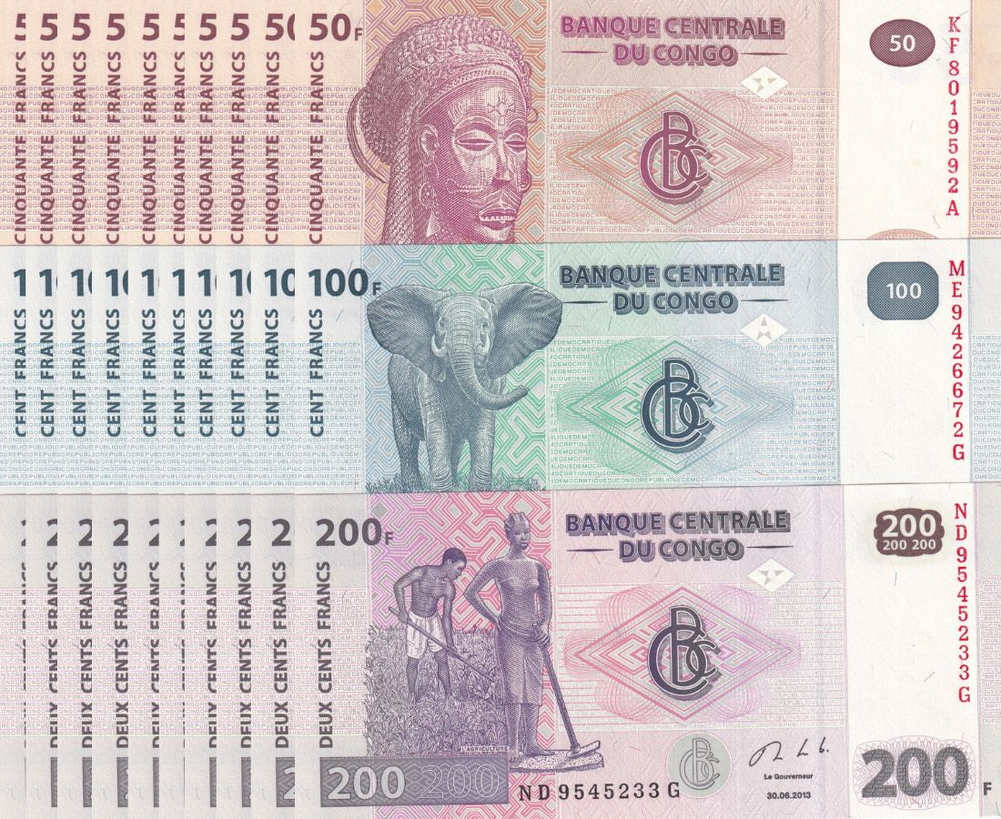 Congo Set 3 Pcs 50 100 200 Francs Random Date P 97 98 99 UNC LOT 10 SETs 30 UNC