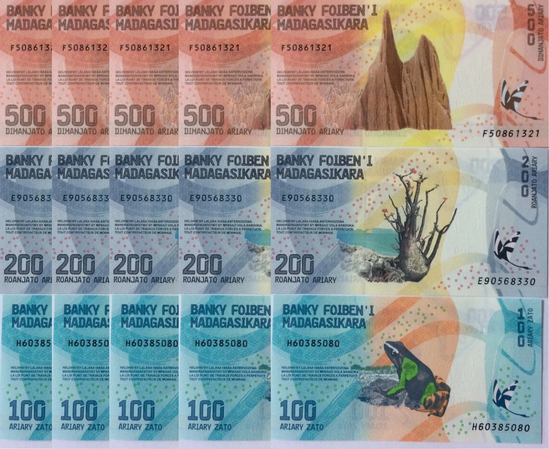 Madagascar Set 3 Pcs 100 200 500 Ariary 2017 P 97 98 99 UNC Lot 5 Sets = 15 Pcs