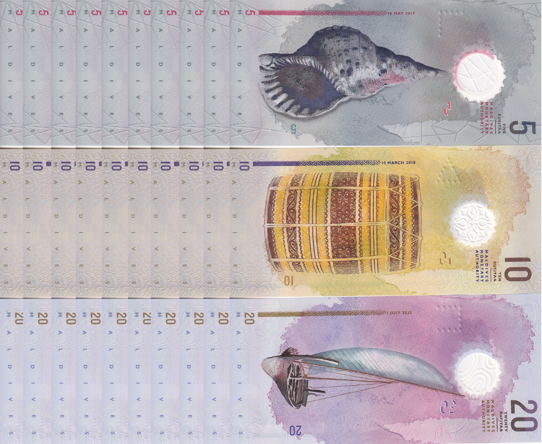 Maldives Set 3 UNC 5 10 20 R. Polymer Random Date P A26 26 27 LOT 10 Set 30 Pcs