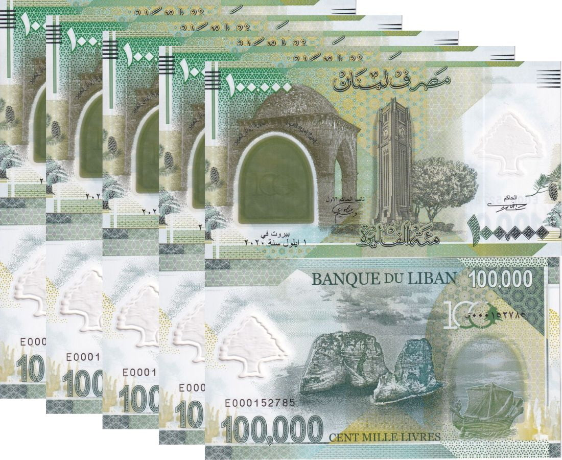 Lebanon 100000 Livres 2020 P 99 Polymer Commemorative UNC LOT 5 Pcs