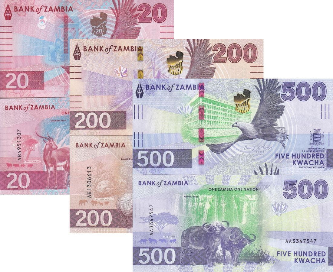 Zambia Set 3 UNC 20 200 500 Kwacha 2024 2025 P 63 66 67 Deer Eagle Bison