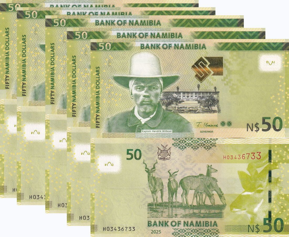 Namibia 50 Dollars 2025 P 13 New Sign UNC LOT 5 Pcs