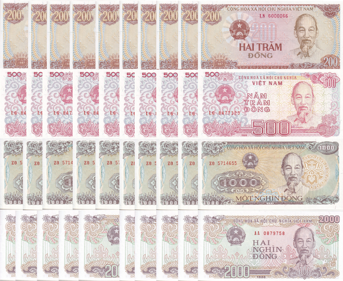 Vietnam Set 4 x Lot 10 = 40 UNC 200 500 1000 2000 1987 1988 P 100 101 106 107