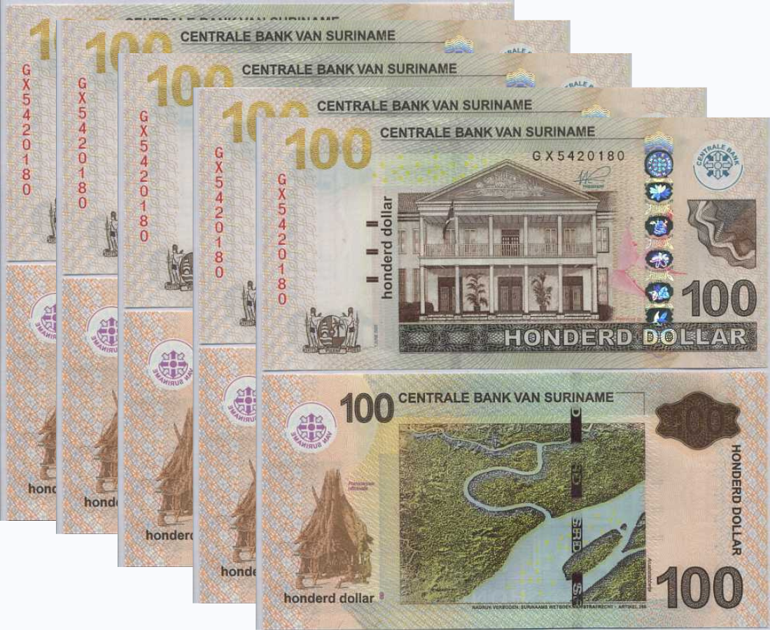 Suriname 100 Dollars 2020 P 166 UNC LOT 5 Pcs