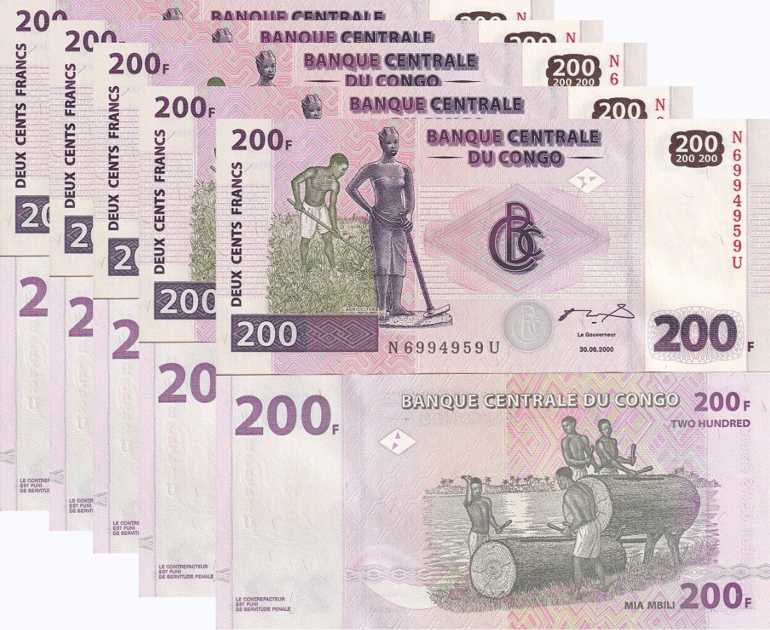 Congo 200 Francs 2000 P 95 a UNC LOT 5 PCS