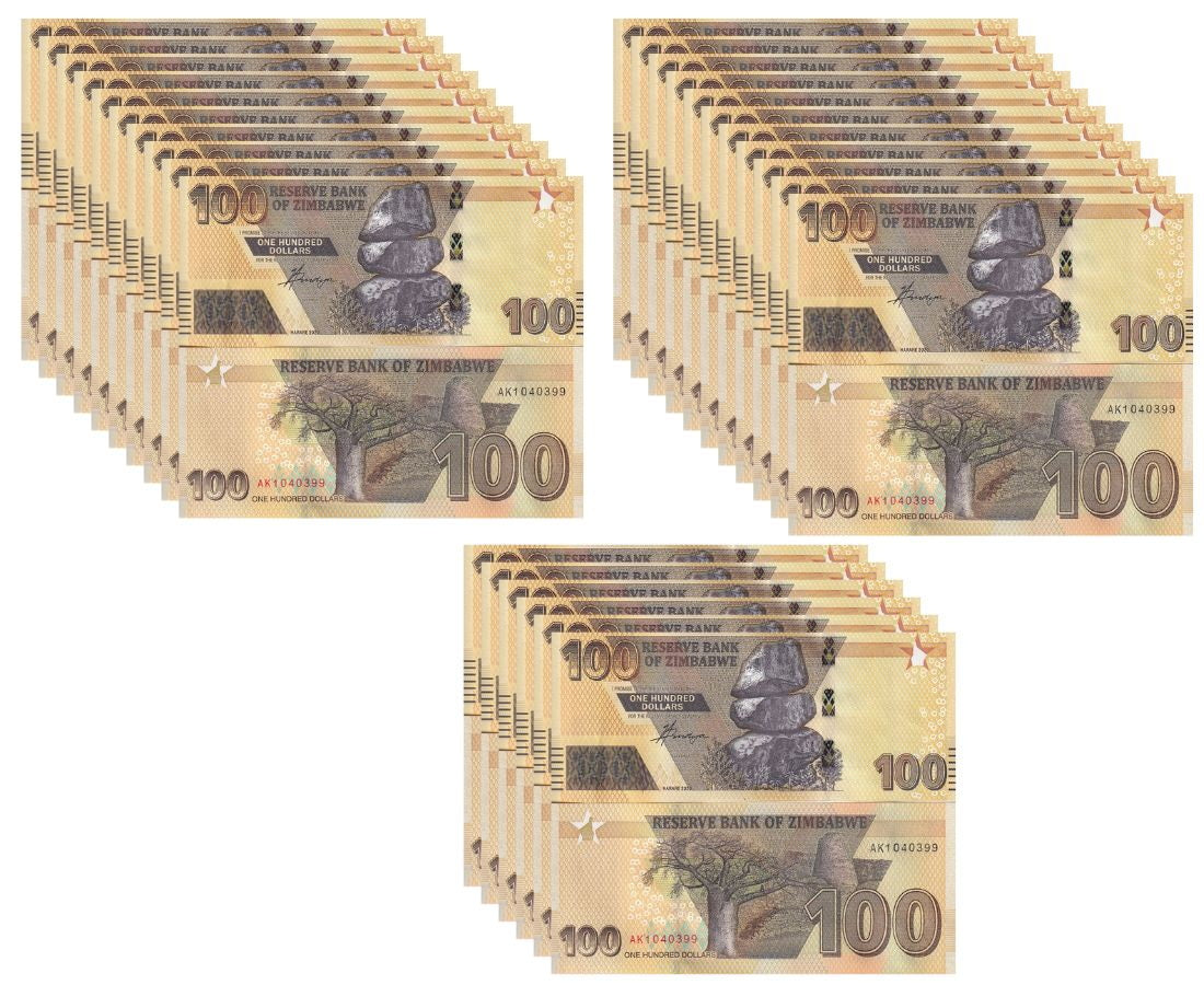 Zimbabwe 100 Dollars 2020 / 2022 P 106 UNC Lot 25 Pcs 1/4 Bundle