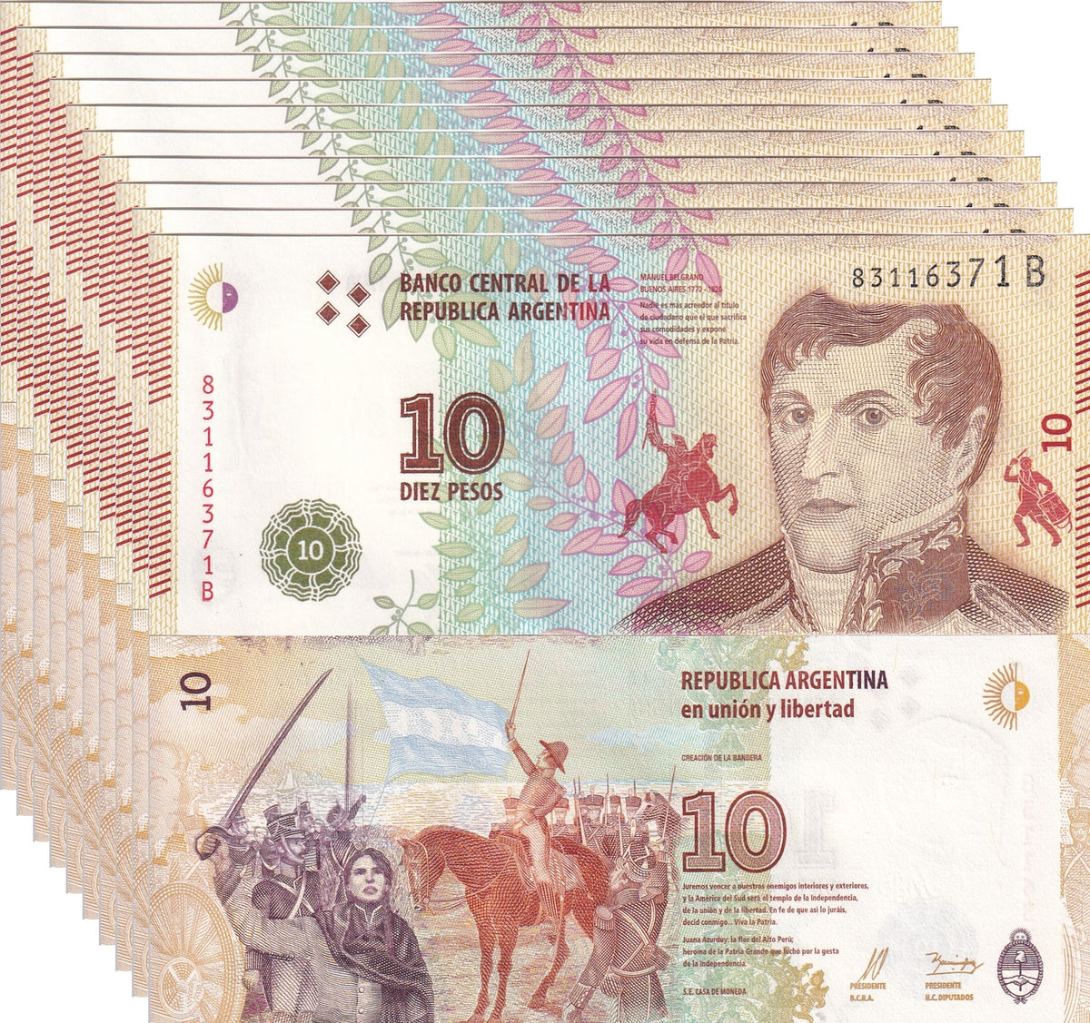 Argentina 10 Pesos ND 2016 P 360 UNC LOT 10 PCS